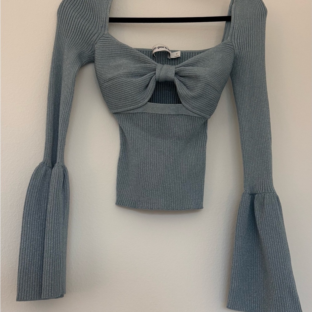 Self-portait Metallic Blue Ribbed Knit Top